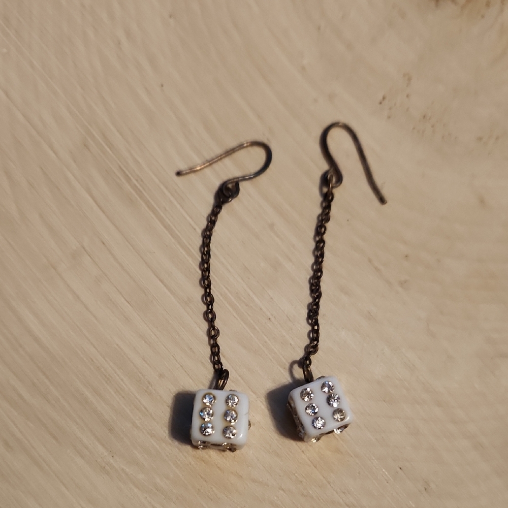 White Dice Costume Earrings with Rhinestones